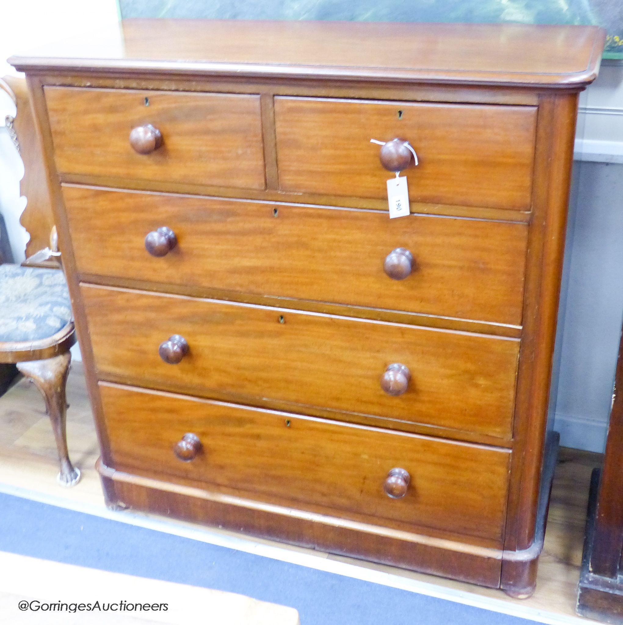 A victorian mahogany chest of two short and three long drawers, 114 cm high, 112 cm wide, 49 cm deep